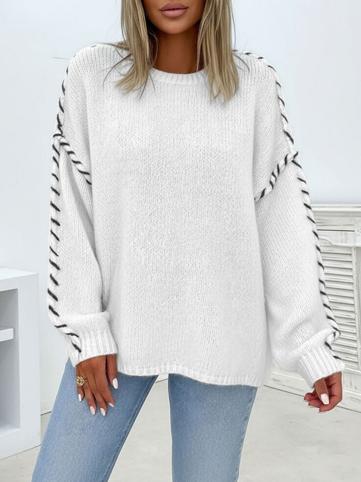 White whipstitch crew neck jumper
