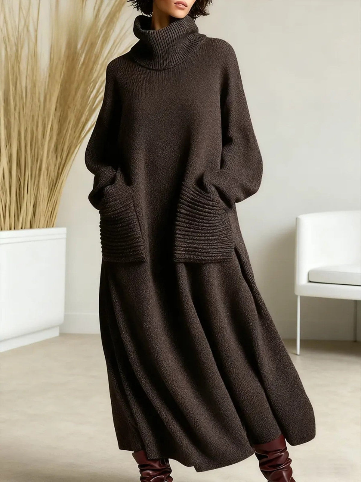 Coffee wool high neck knit maxi dress