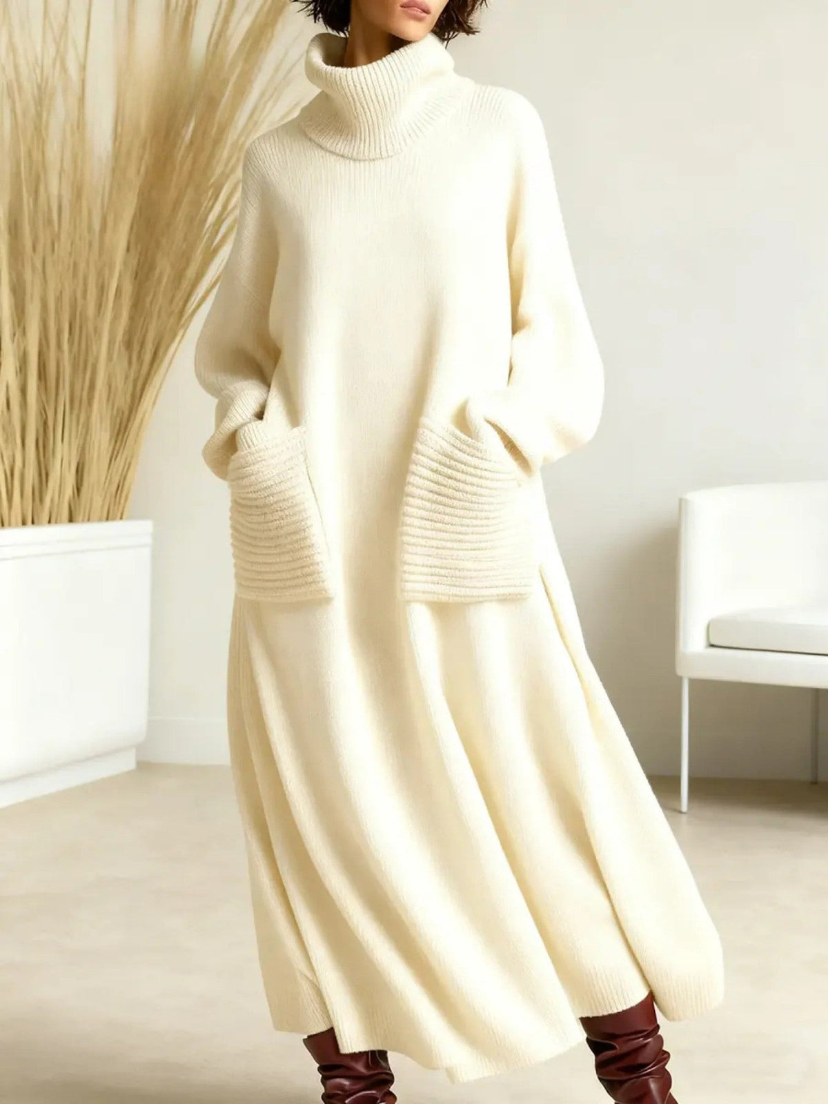 White wool high neck knit maxi dress