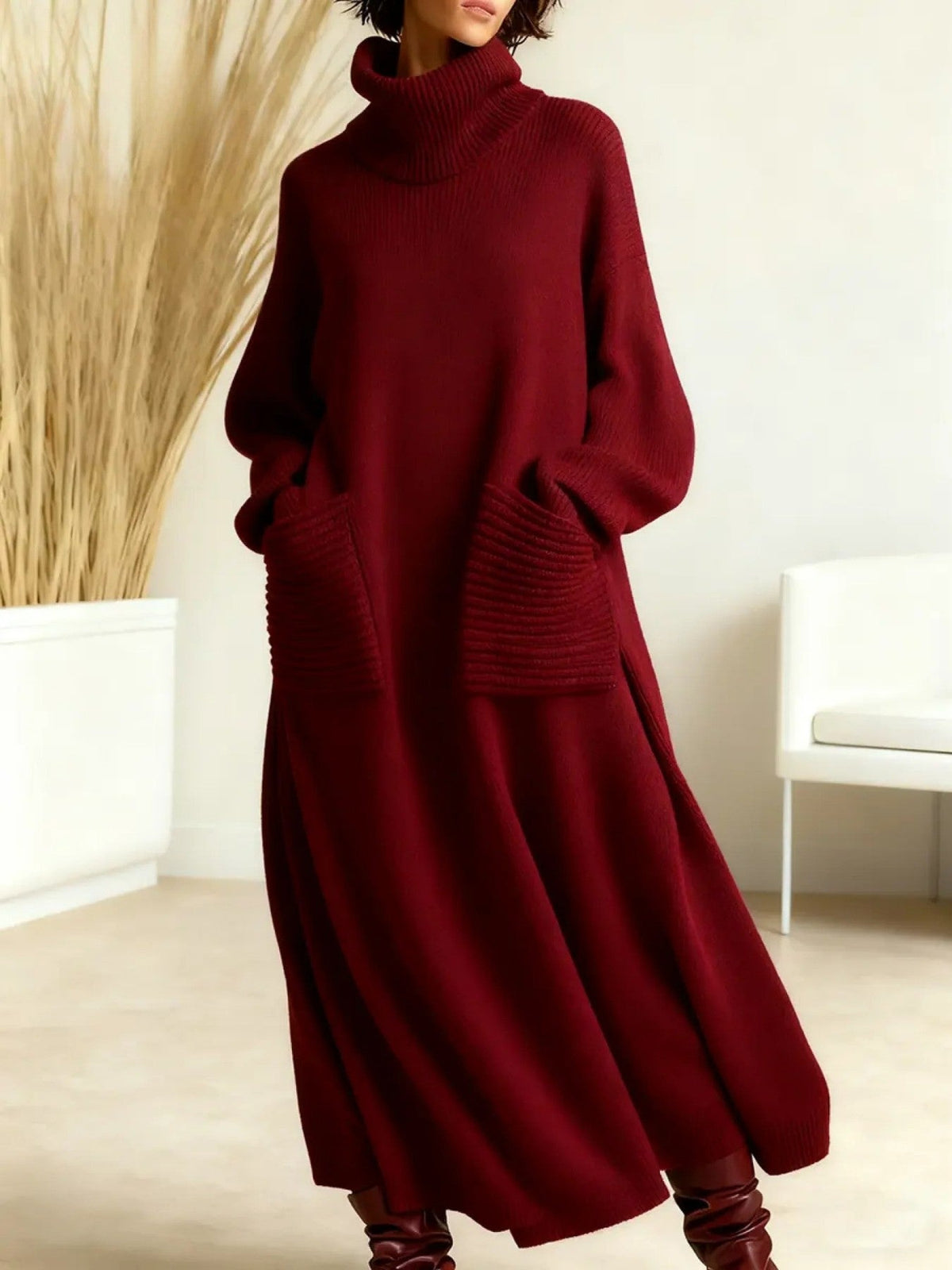Burgundy wool high neck knit maxi dress