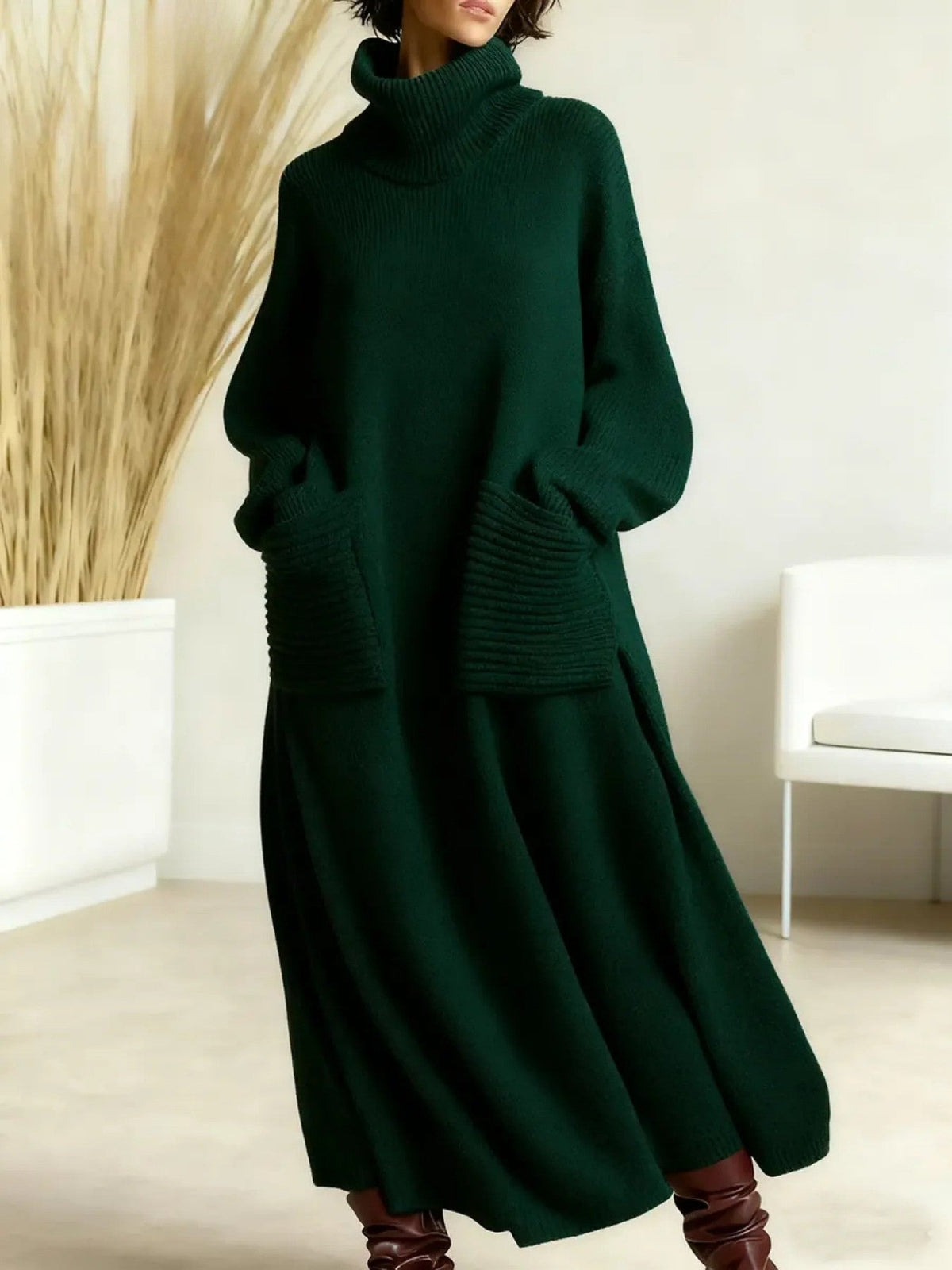 Green wool high neck knit maxi dress