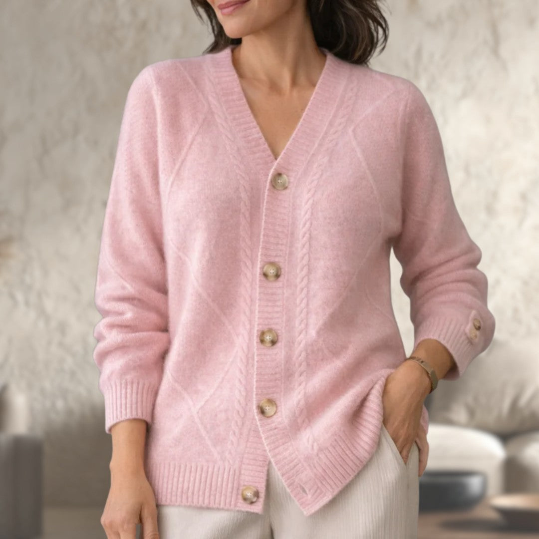 Pink wool knit v-neck button cardigan