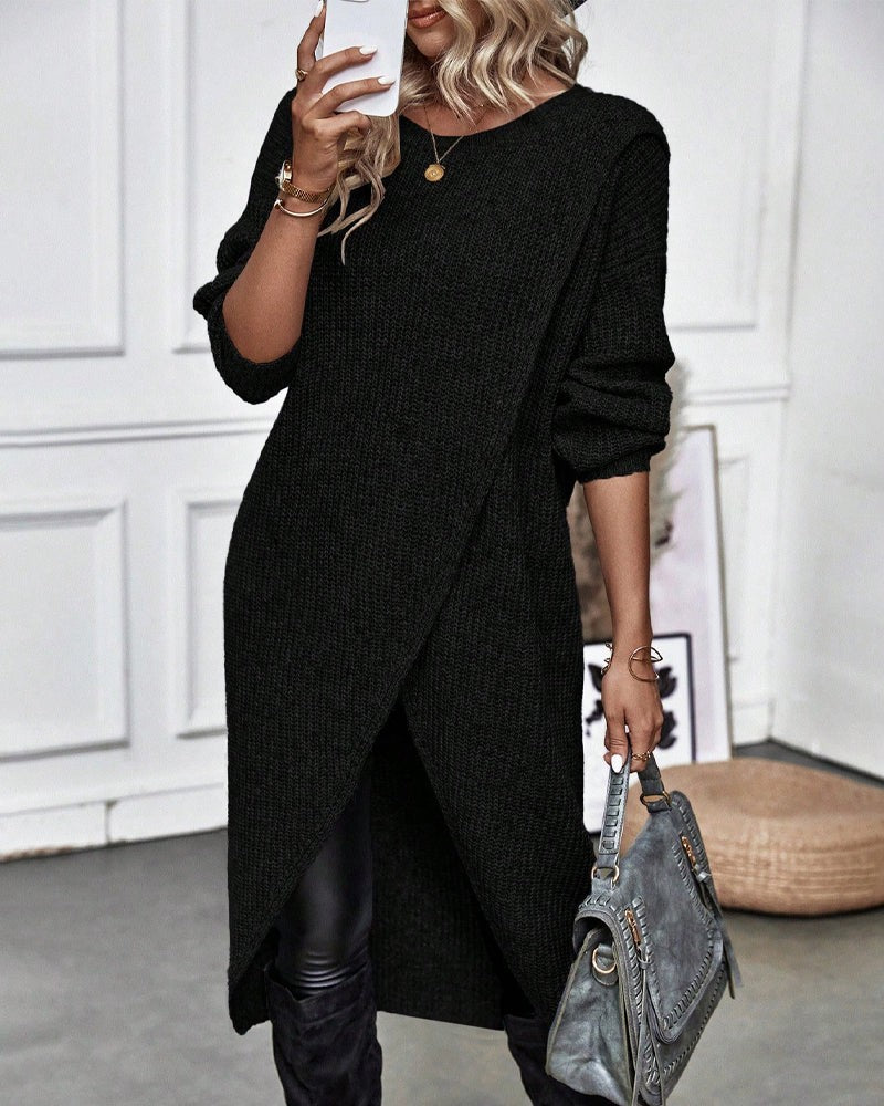 Black wool wrap front jumper dress